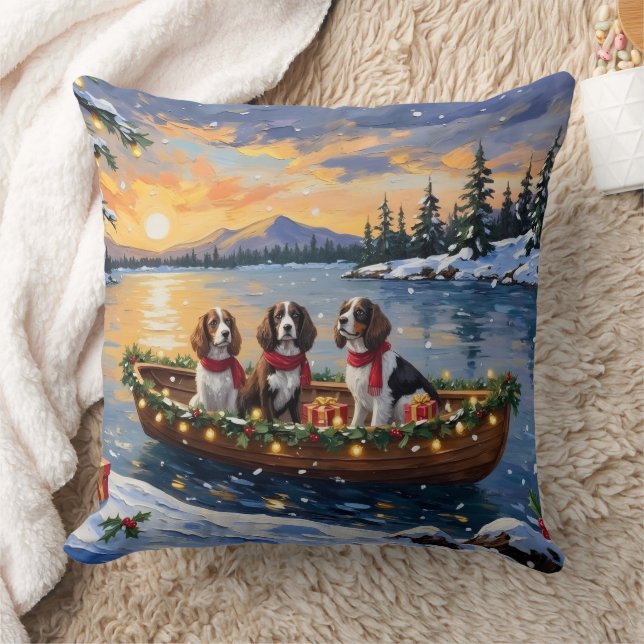 Almofada Natal no barco com Brittany Spaniel (Cobertor)