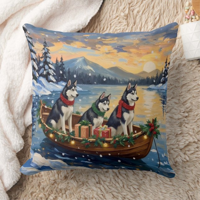Almofada Natal no barco com Husky Siberiano (Cobertor)