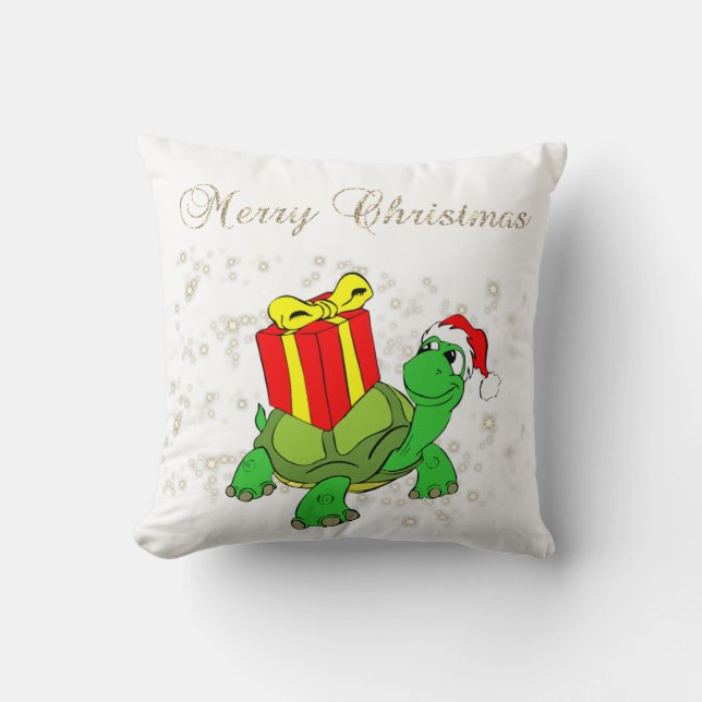 Almofada Natal,Tartaruga,Chapéu de Papai Noel,Presente,Bril (Frente)