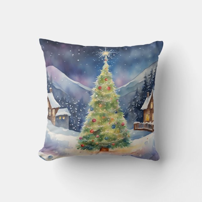Almofada Natal Villiage Luzes de Árvore Feriada de Neve (Frente)