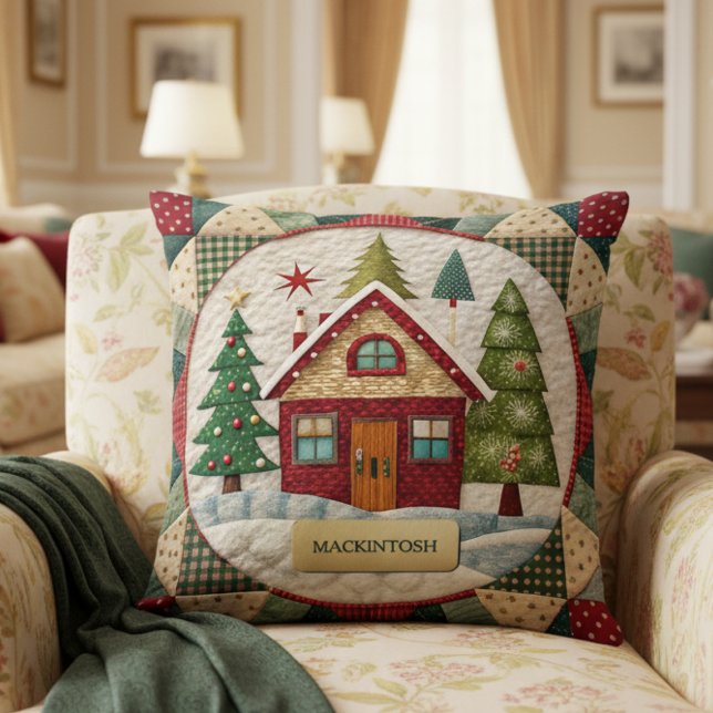 Almofada Natal Vintage Retro Personalizado (cozy hygge Christmas throw pillow with quilt styling and custom family name, perfect gift for mom)