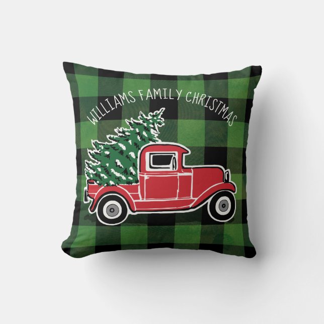 Almofada Natal Vintage Truck Family Name Buffalo Xadrez (Frente)