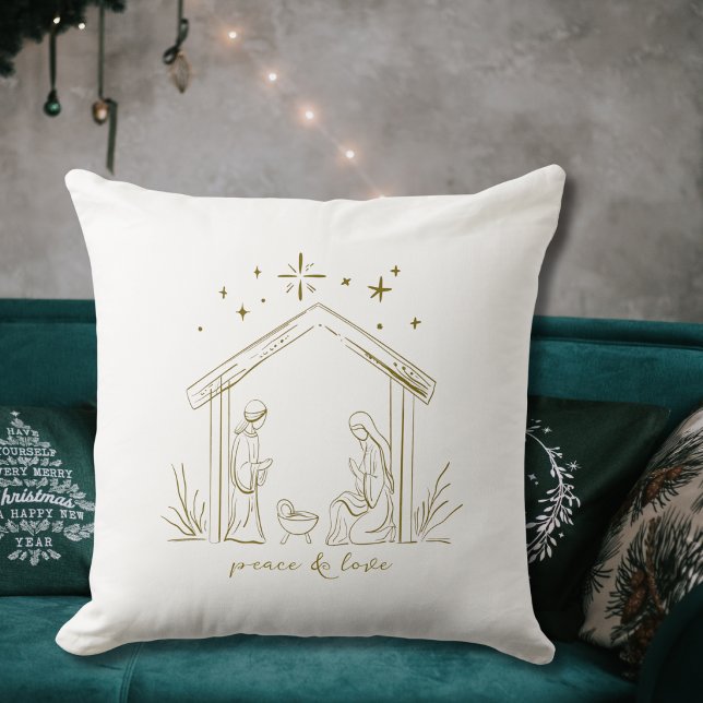 Almofada Natividade de Natal moderna paz amor religioso  (modern elegant gold Christmas Nativity religious holiday throw pillow room decor gift)