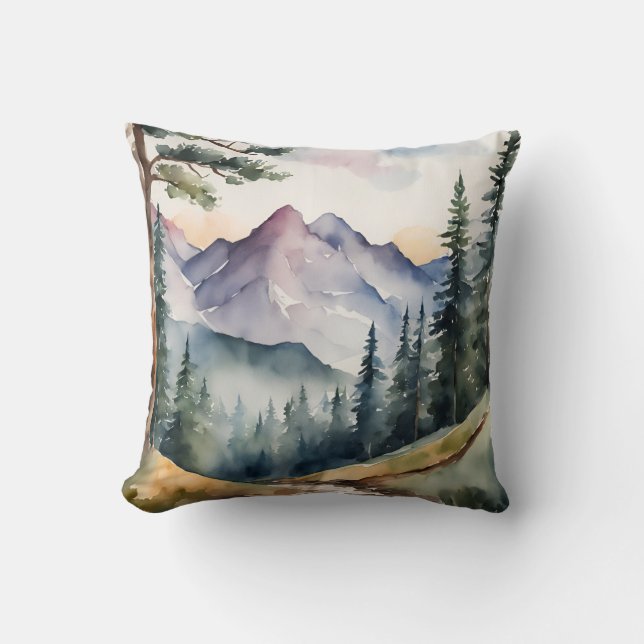 Almofada Natureza das árvores das montanhas de aquarelas (Frente)