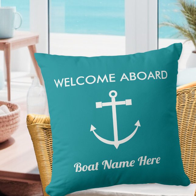 Almofada Náutica Anchor Turquesa Bem-vindo a bordo Nome do  (A nautical pillow for the boat, summerhouse or home, with anchor, Welcome Aboard words and boat name)