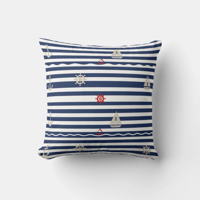 Almofada Nautical Anchor Sailboat Stripe Pattern (Frente)