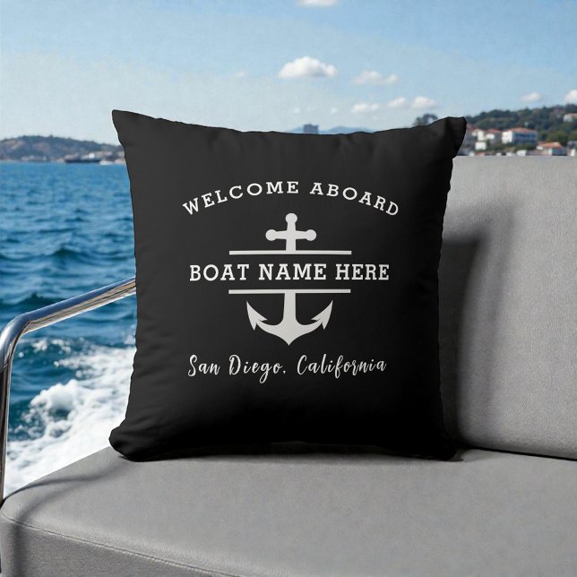Almofada Nautical Boat Name Welcome Aboard Anchor Black (Criador carregado)