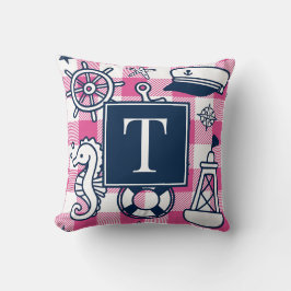 Almofada Nautical Doodles – Hot Pink Navy Gingham Monogram