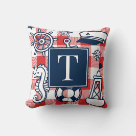 Almofada Nautical Doodles – Red & Navy Gingham Monogram