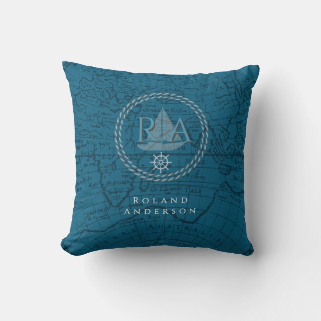 Almofada Nautical Rope Monogram Map Blue (Frente)