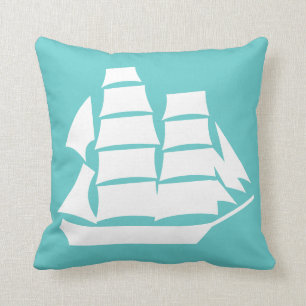 Almofada navio de navegação White no travesseiro azul teal