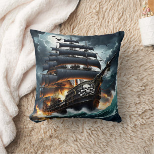 Almofada Navio pirata a arder em Stormy Seas em Dusk