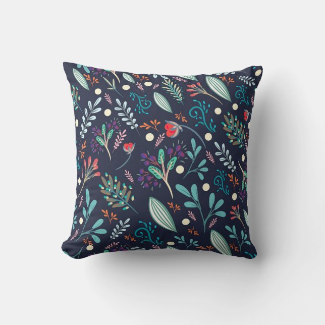Almofada Navy Blue Rustic Floral Folk Art Pattern Pillow (Frente)