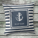 Almofada Navy Blue Striped Nautical Anchor Boat Name<br><div class="desc">A nautical design featuring an anchor,  stylish navy blue and white stripes and personalized with your boat name. Designed by Thisisnotme©</div>