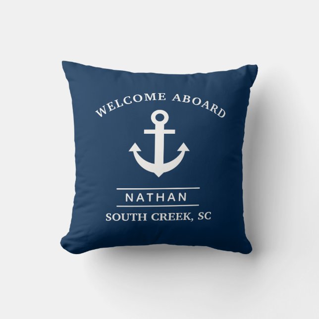 Almofada Navy Blue Welcome Aboard Custom Monogram Name (Frente)