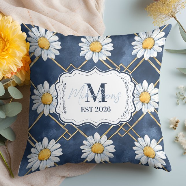 Almofada Navy Daisy Gingham Monogram Decor (Criador carregado)