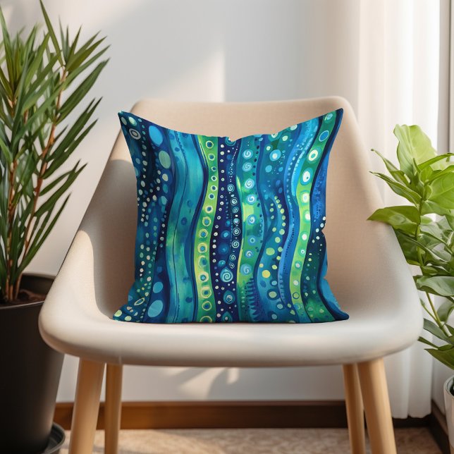 Almofada Navy Teal Lima Boêmio Ondulado Listrado (Navy Teal Lime Bohemian Wavy Striped Throw Pillow)