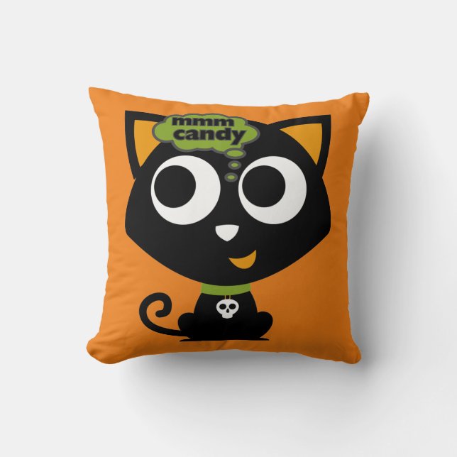 Almofada Negra Gato Mmm Candy Halloween T Shirt (Frente)