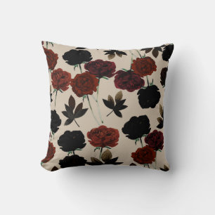 Almofada Negro Ousado com Floral Vermelho e Bege Preto Botâ