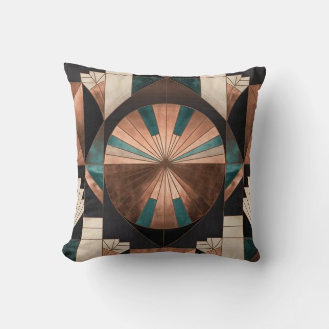 Almofada Neo Art Deco Geometric Teal Copper Gold Sunburst (Frente)