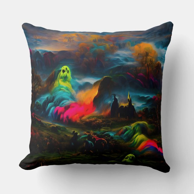 Almofada Neon Ghosts em uma paisagem fantasia assombrada (Frente)