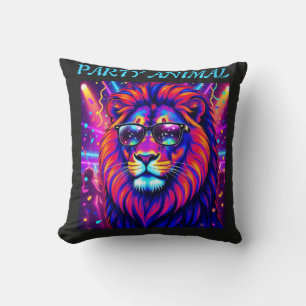 Almofada Neon Leão Animal de Festa – Gráfico Retro Colorido