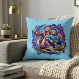 Almofada Neon Mom Son Skateboarding Art Theme Throw Pillow