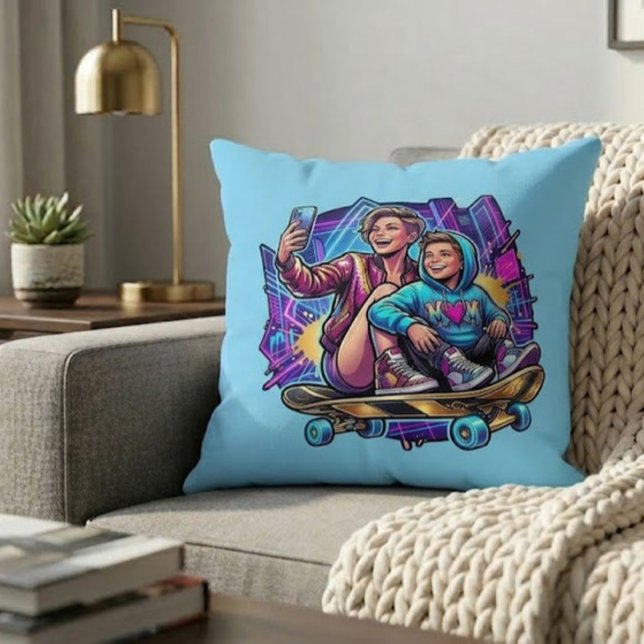 Almofada Neon Mom Son Skateboarding Art Theme Throw Pillow (Criador carregado)