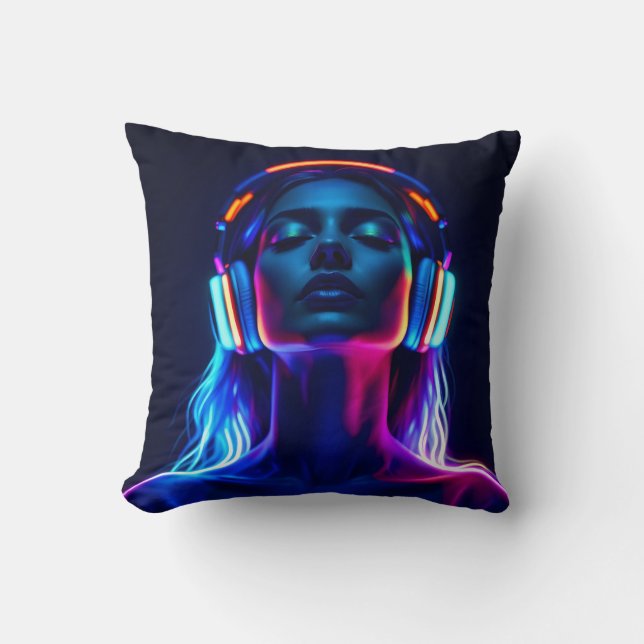 Almofada Neon Music Meditation – Woman with Headphones Art (Frente)
