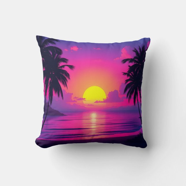 Almofada Neon Palm Sunset and Blue Glow Oasis Pillow (Frente)