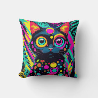 Almofada ✨ Neon Psychedelic Cat – Pop Art Design 🎨🐱
