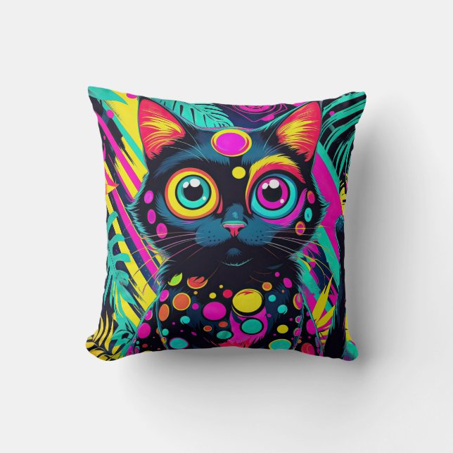 Almofada ✨ Neon Psychedelic Cat – Pop Art Design 🎨🐱 (Frente)
