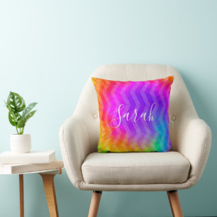 Almofada Neon Rainbow Tie Dye Herringbone Nome do Monograma