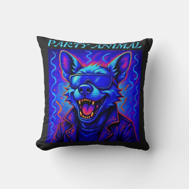 Almofada Neon wolf Party Animal – Colorful Retro Graphic (Frente)