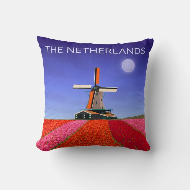 Almofada Netherlands Throw Pillow Tulip Field Windmill (Frente)