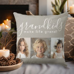 Almofada Netos tornam a vida excelente com 3 fotos<br><div class="desc">Um presente pensativo que os avós vão tesourar, este design personalizado apresenta um modelo de 3 fotos para personalizar com fotos dos netos. Uma combinação do moderno guião manuscrito combinado com uma fonte moderna sans serif que diz "netos fazem a vida grandiosa!" O fundo é um bege esticado neutro que...</div>