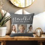 Almofada Netos tornam a vida excelente com 3 fotos<br><div class="desc">Um presente pensativo que os avós vão tesourar, este design personalizado apresenta um modelo de 3 fotos para personalizar com fotos dos netos. Uma combinação do moderno guião manuscrito combinado com uma fonte moderna sans serif que diz "netos fazem a vida grandiosa!" O fundo é uma cinza de carvão moderna...</div>