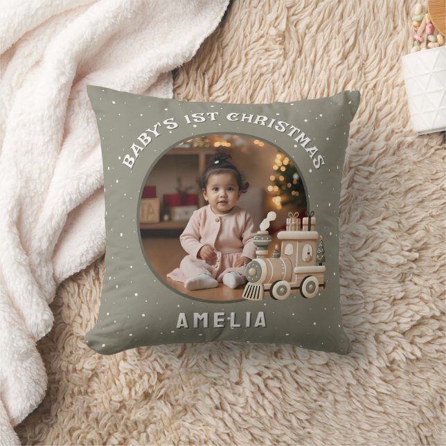 Almofada Neutral Baby’s 1st Christmas Train Keepsake Photo (Cobertor)