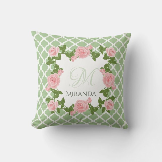 Almofada Nilo Verde Quatrefoil Rosa Monograma Rosa Rosa Com (Frente)