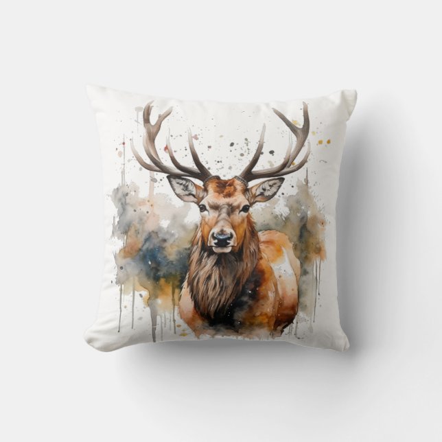 Almofada Noble Antlers: Arte de Aquarela em Madeira (Frente)