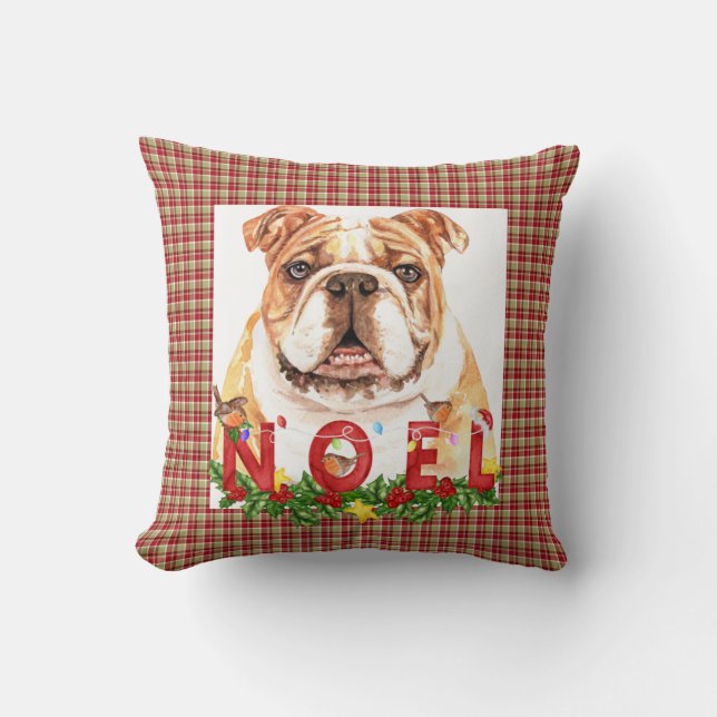 Almofada Noel do Bulldog da Watercolor (Frente)