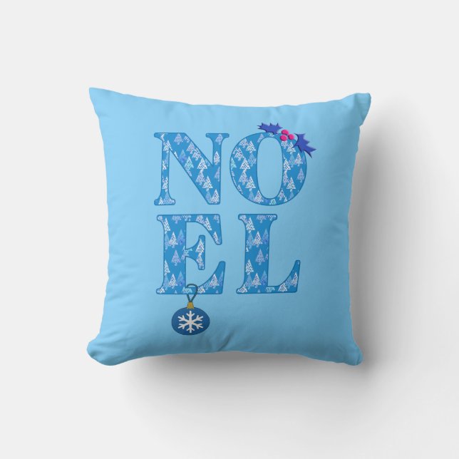 Almofada NOEL num padrão de árvore de Natal azul (Frente)