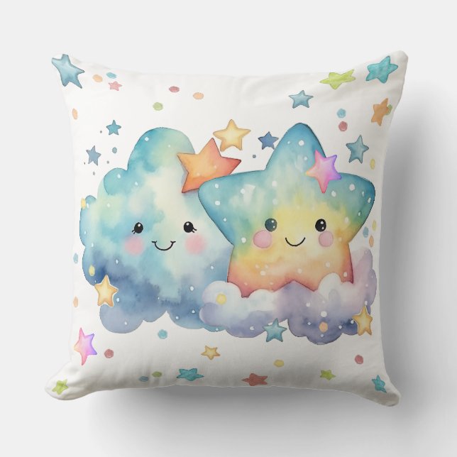 Almofada Noite Estrelada De Aquarela Com Nuvens (Frente)