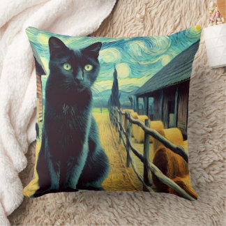Almofada Noite Estrelada Gato Preto Olhos Verdes