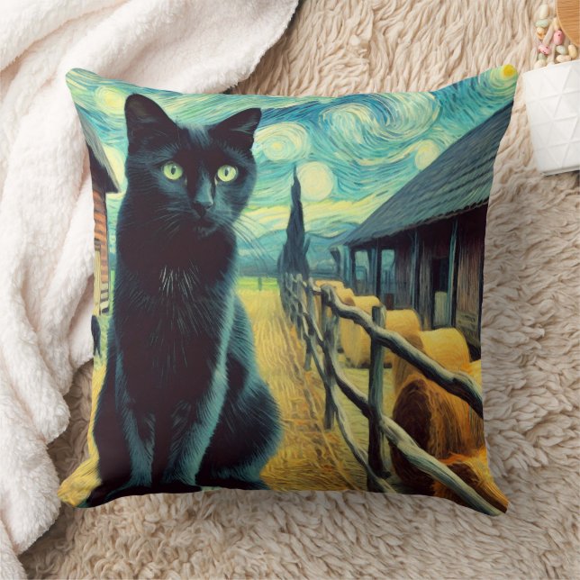 Almofada Noite Estrelada Gato Preto Olhos Verdes (Cobertor)