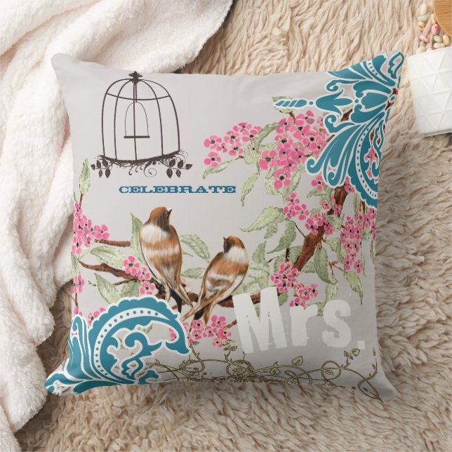 Almofada Noiva Damask Love Bird Cherry Blossom Birdcage (Cobertor)