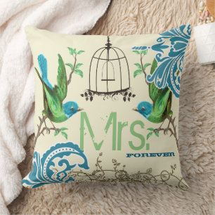 Almofada Noiva Teal Green Damask Bird Birdcage Sra. Forever