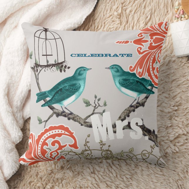 Almofada Noiva Teal & Tangerine Damask Love Bird Birdcage (Cobertor)