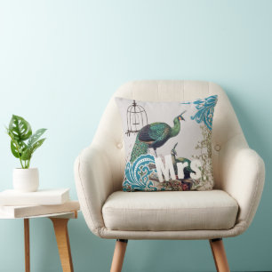 Almofada Noiva Vintage Teal Damask Peacock Birdcage Vines