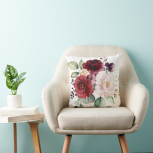 Almofada Noivos Florais com Aquarela Rosada e Vinho